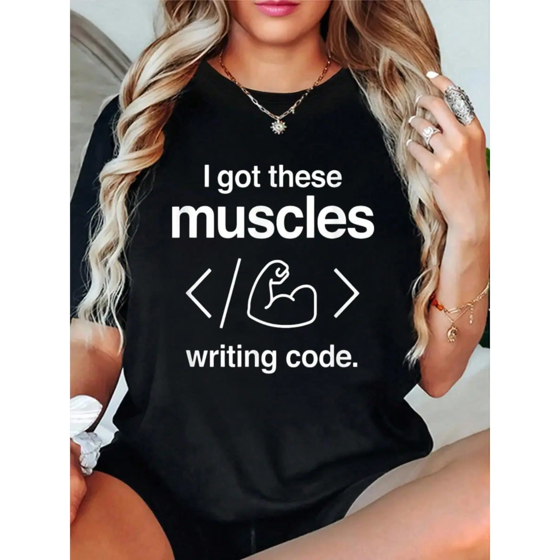 100% Cotton I Got These Muscles Writing Code Funny Computer Coder T-Shirt Men's Women's Soft Breathable Tee Classic Fashion Summer Tops Printing Short Sleeve T-Shirt Summer, Cotton, Casual, Short Sleeve, Graphic Tee, Soft, Breathable, Loose Fit, Streetwea