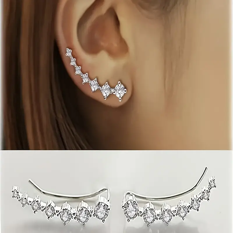 Women's 925 Silver-Plated Copper Curved Zircon-Inlaid Climbing Ear Clips - Small Fresh Elegant Shiny Silver Earrings, Ideal for Holiday, Birthday Gifts