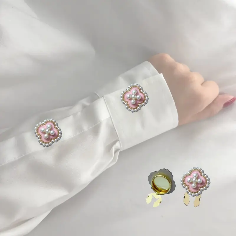 6Pcs Elegant Pearl Clover Button Covers for Women, Vintage Flower Cufflinks Set, Removable No-Sew Shirt Button Accessories