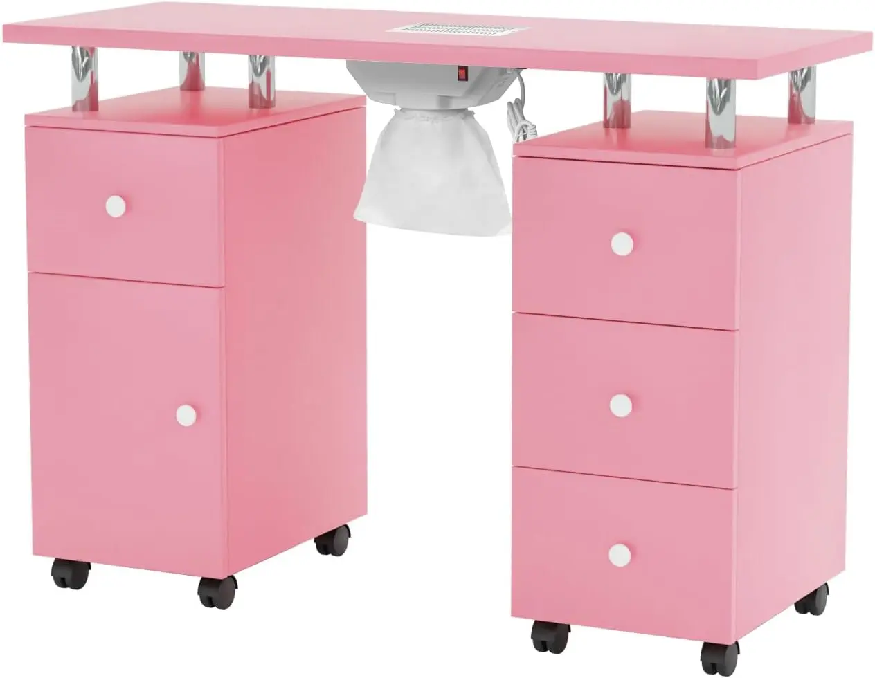 Manicure Table Nail Desk for Nail Tech, Nail Table Station w/Electric Dust Collector, Nail Makeup Beauty Salon Storage Acetone Resistant w/Lockable Wheels,Wrist Cushion,4 Drawers&Cabinet