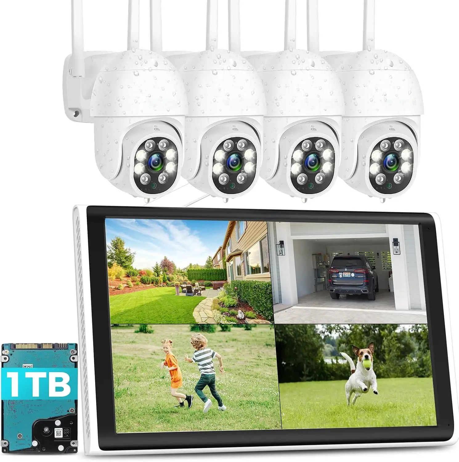 4PCS 3MP WiFi Security Camera System,  Outdoor Camera with 10" LCD Monitor, Motion Detection, Color Night Vision, 24/7 Record, 2-Way Audio, 8CH NVR, 2.4G WiFi