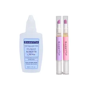 SassyTip Cuticle Remover Cream & Pusher Pen Set - Lavender & Rose Scented - Gentle Formula for Soft Cuticles - Portable Nail Care Kit Manicure Gel Nourishing