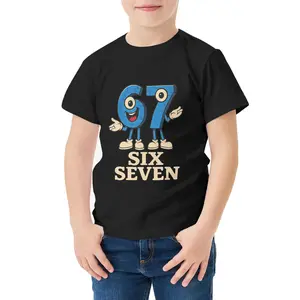 Boys' Cotton All-Over Print T-Shirt - 67 Italian Brain Rot Math Joke, Funny Number 67 Graphic, Slight Figure Smiling Face Design, Casual Short-Sleeve Round-Neck Summer Party Top
