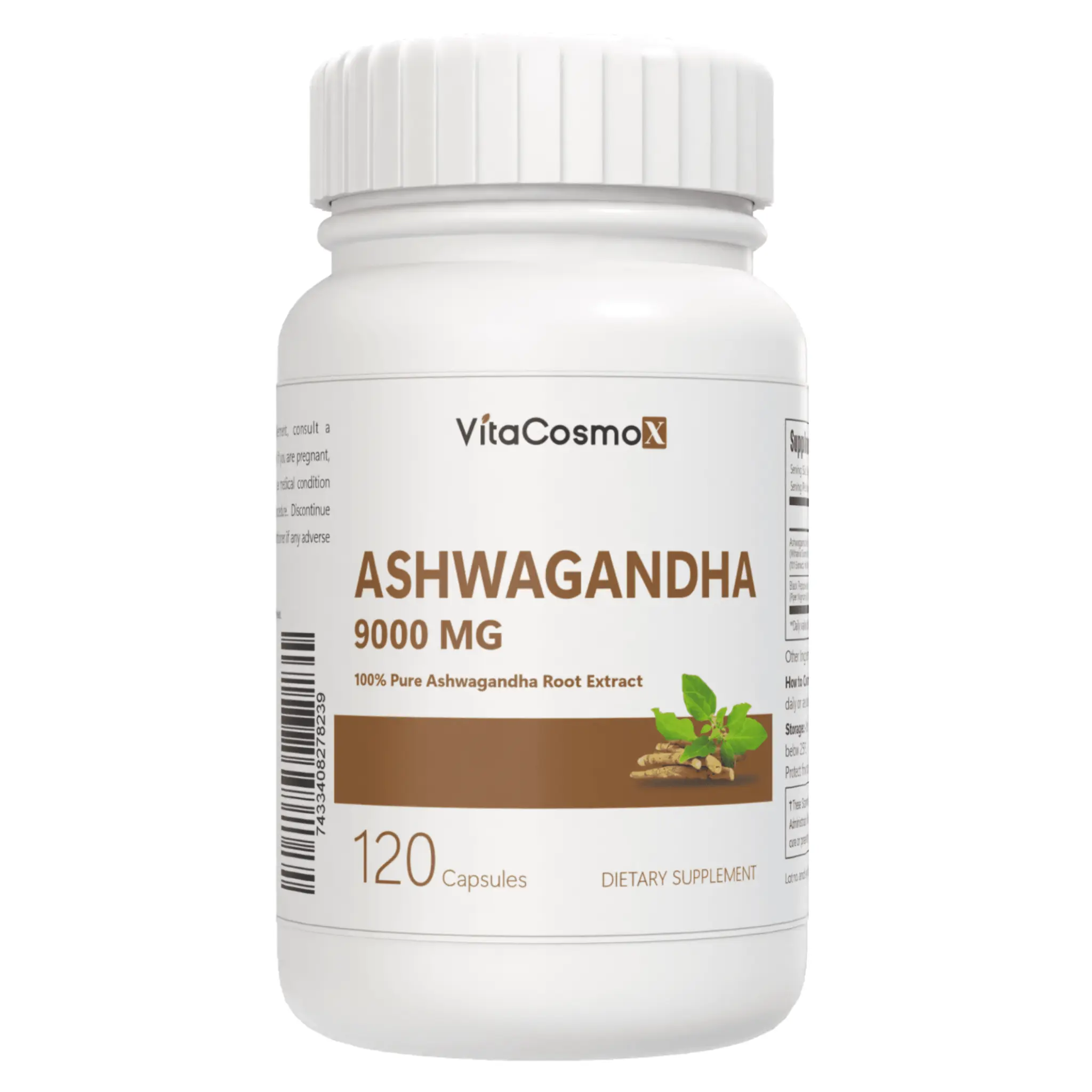 VitaCosmoX Ashwagandha Root Extract 9000 MG - Organic Adaptogen Herb Supplement for General Wellness | 120 Vegan Capsules