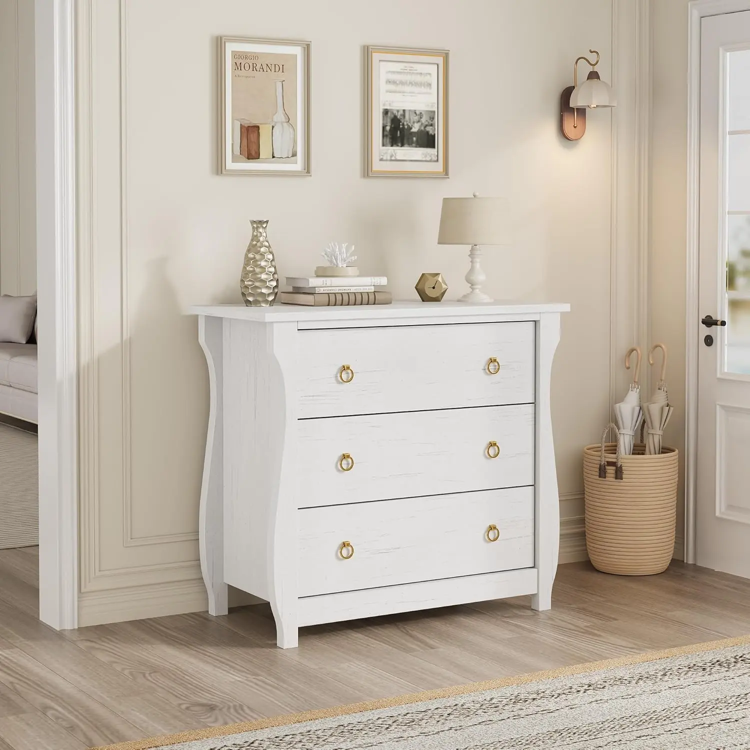 Unfinished White Mid-Century Modern Bohemian 3-Drawer 3-Tier Dresser Cabinet, Curved Legs, Engineered Wood Construction, Extra-Deep Rattan-Accented Drawers, Indoor Bedroom & Living Room Storage Furniture, Drawer Dresser Cabinet