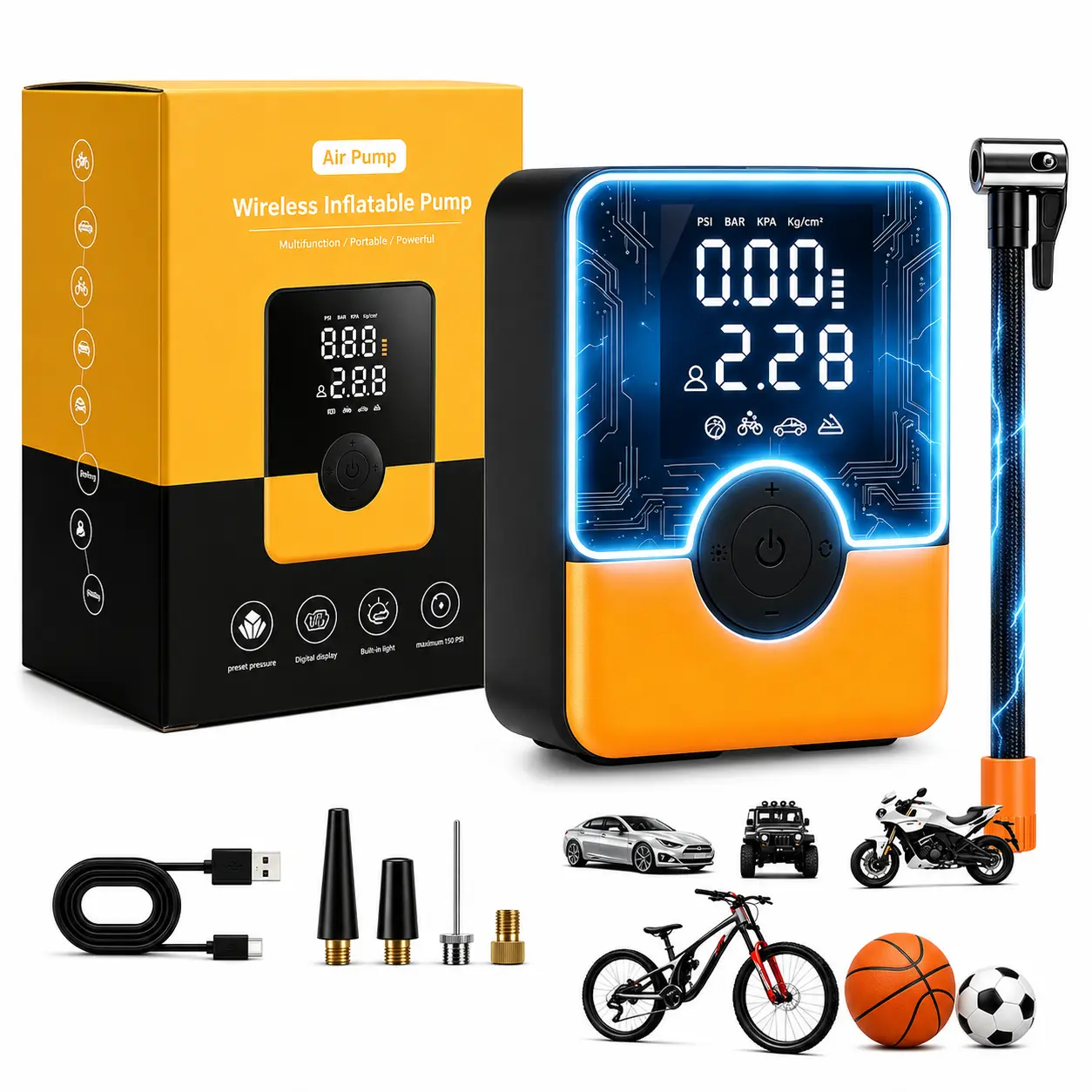 BRAWHOOHE Compact Rechargeable Tire Inflator Tool - Wireless Portable Tire Repair & Fitting Tool, Digital Display, LED Light, USB Charging, Multi-Function Nozzle Adapter for Cars, Bikes, Portable Tire Repair & Fitting Tools
