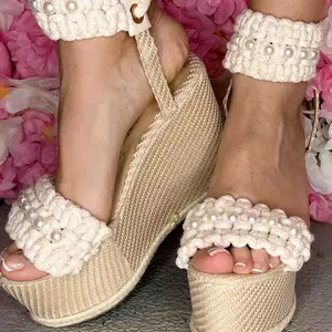 Crochet Wedge Sandals with Pearl Accents - Comfortable & Stylish Women's Footwear for Summer