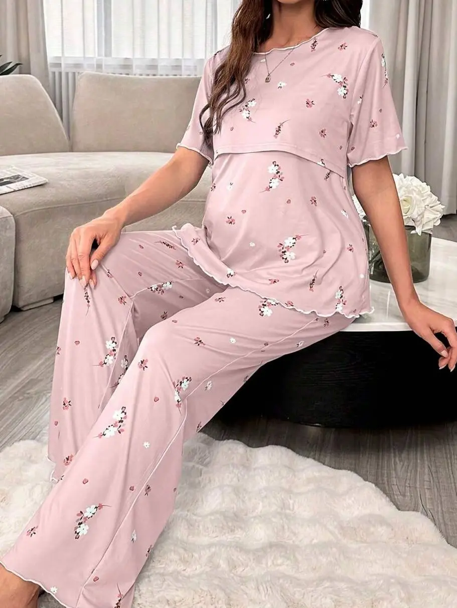 Maternity Pajama Set Floral Nursing Top Pants Comfortable Sleepwear for Breastfeeding