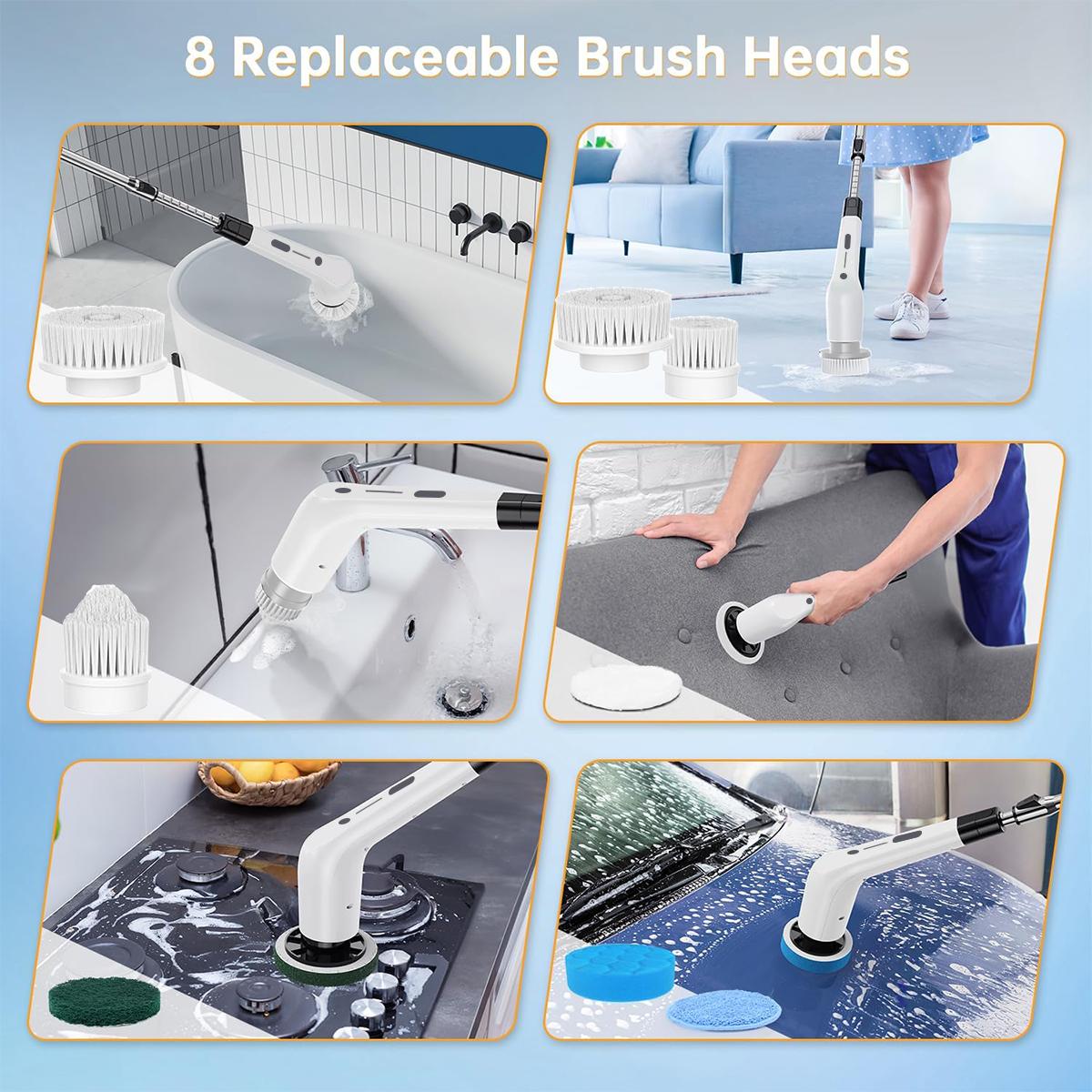 Electric Spin Scrubber Cordless Shower Scrubber lPX7 Waterproof Multi-Surface Cleaning Brush with 8 Brush Heads Long Battery Life Adjustable Speed Extendable Handle for Bathroom Kitchen Durable Cleaning Helper Utensils SummerVibes
