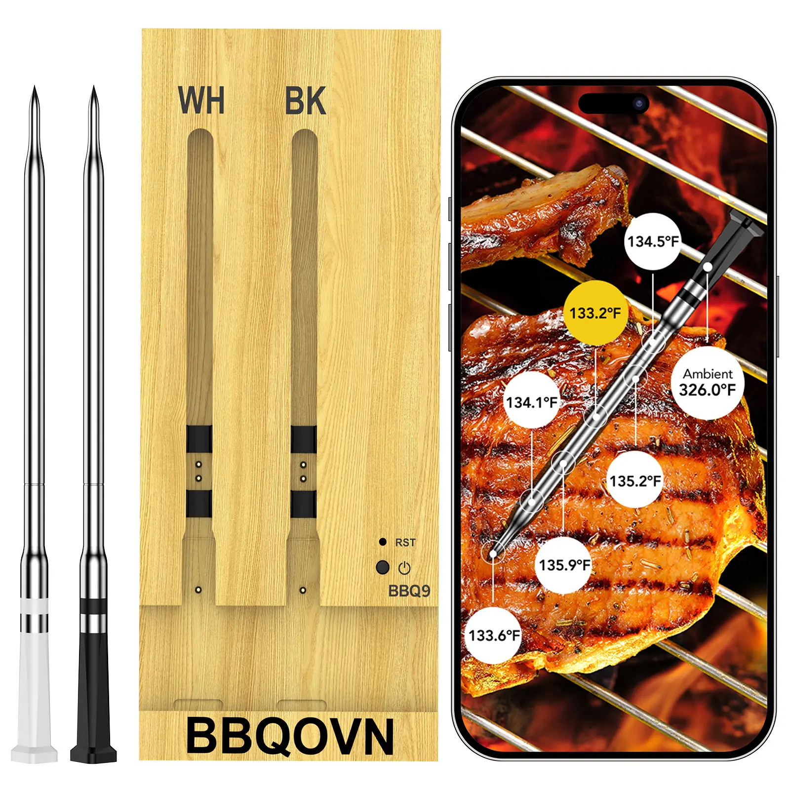 Wireless Wi-Fi Digital Meat Thermometer - Durable Probe, Portable LCD Display, Rustic Wood Base, IP68 Waterproof Kitchen Gadget, Accurate Instant-Read Tool, Battery-Included for Baking, Grilling, Smoking (Wi-Fi Connect Capable), Bbq Enthusiasts