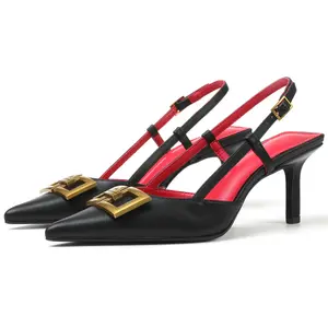 Women Stiletto Slingback Heels Sexy Close Pointed Toe High Kitten Heel Metal Buckle Pumps Fashion Office Lady Dress Dating Wedding Shoes Spring Summer Autumn metallic strap