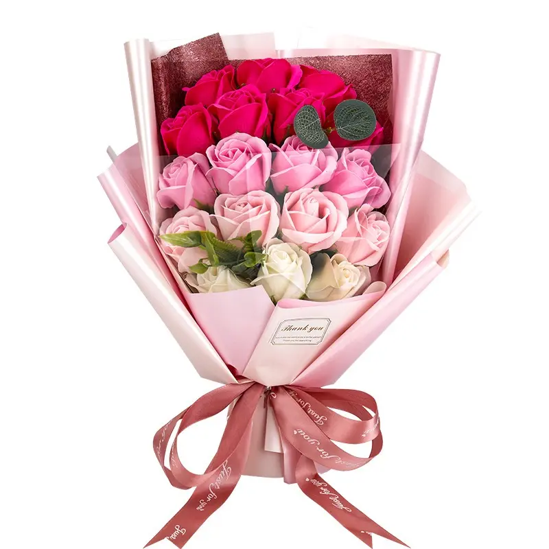18 Soap Flowers - Color-Coordinated Bouquet-Shaped Preserved Forever Rose Artificial Flowers with LED Strip, Mixed Bouquet in Gift Box, Vivid Colors Room Decor for Girlfriend Love Gift