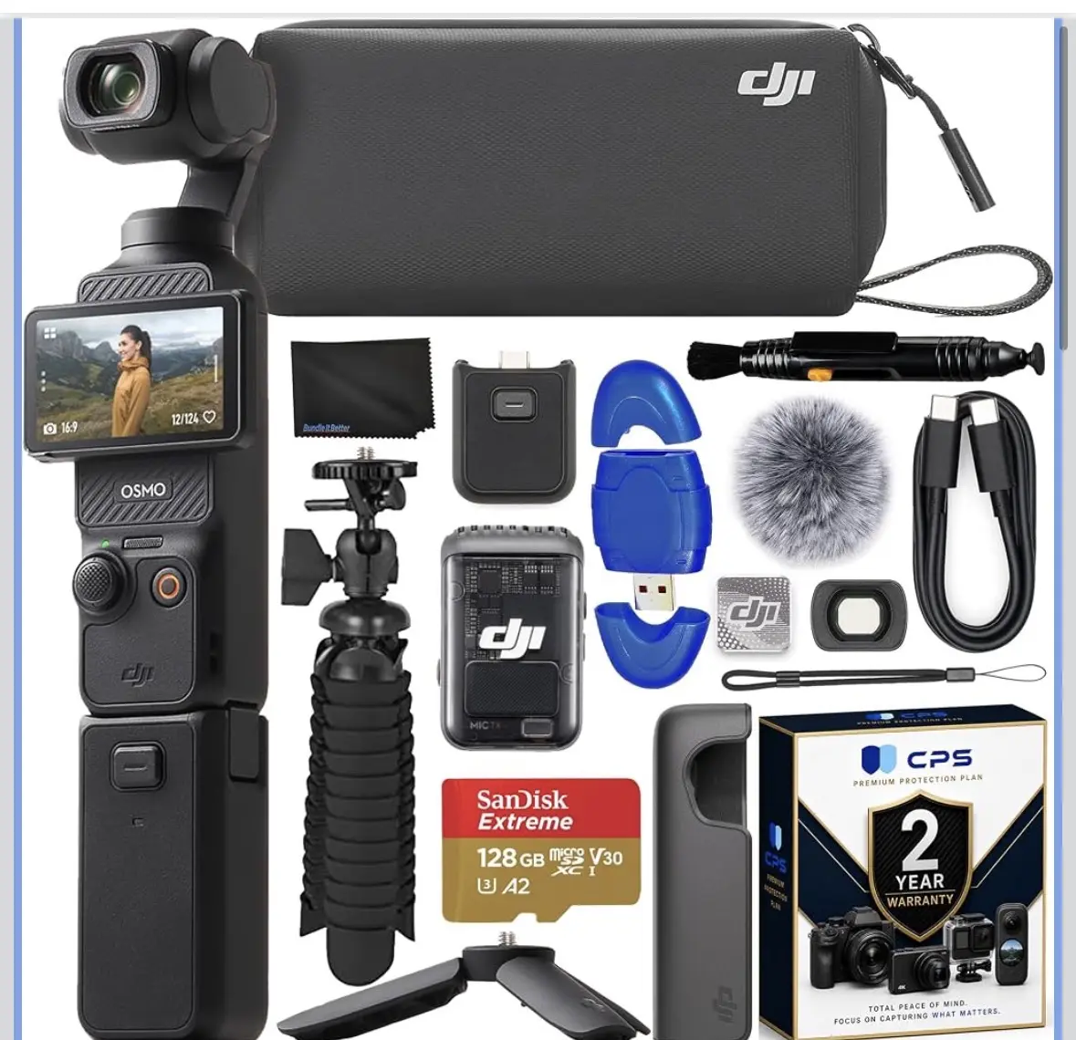 DJI Osmo Pocket 3 Creator Combo Gimbal Stabilizer 1′′ CMOS & 4K/120fps Video Bundle with 128GB Memory Card, Gripster Flexible Spider Tripod, 2 YR CPS