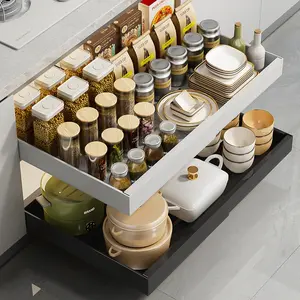 Pull Out Cabinet Organizer Drawer, 2-Tier Slide-Out Storage Basket for Pots Pans Dishes, Kitchen Shelf Insert