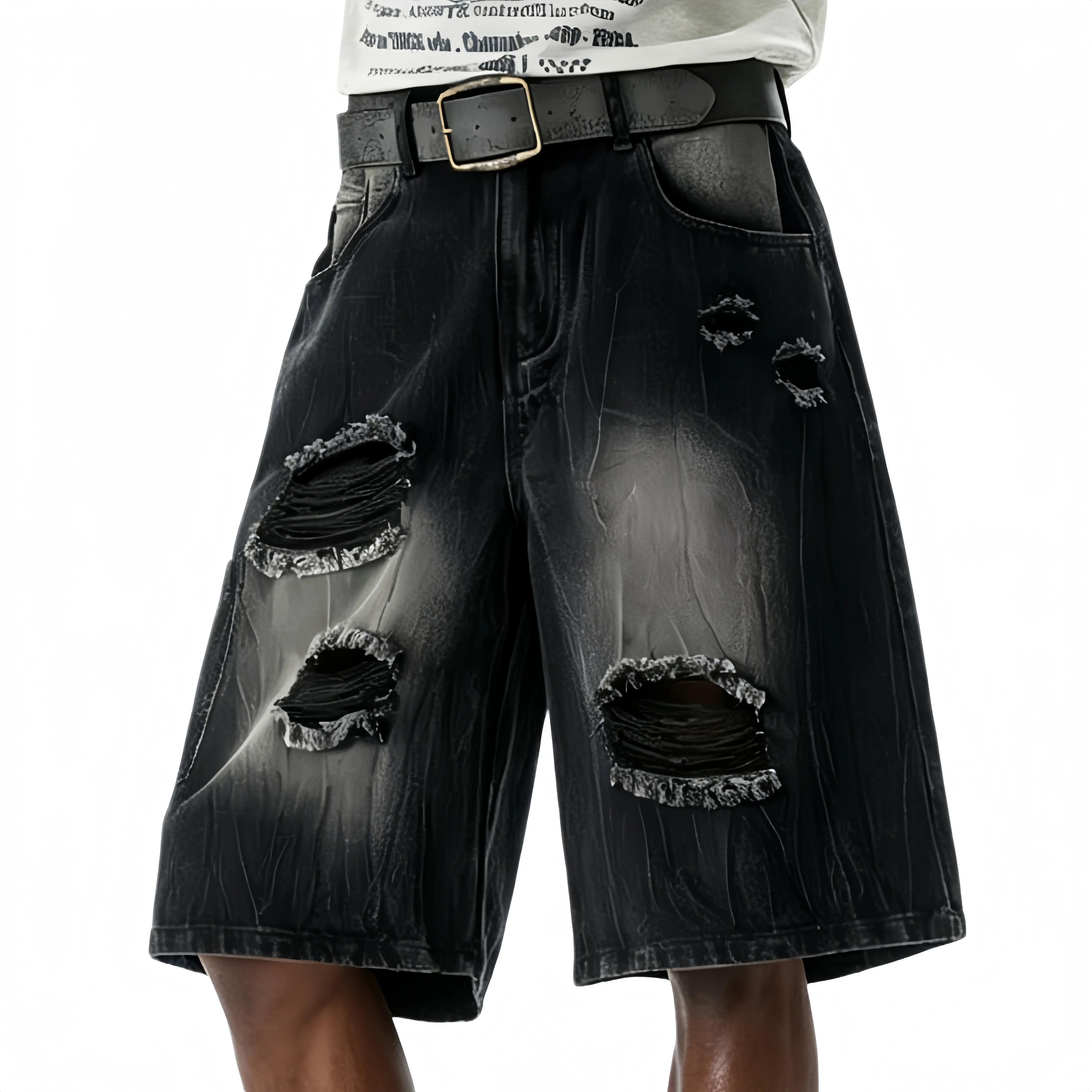 Men's Summer Black Gradient Washed Ripped Seven Length Denim Culottes, Faded Soft Draped Bottoms, Streetwear Casual Denim Mid Pants For Daily Matching # SummerWins