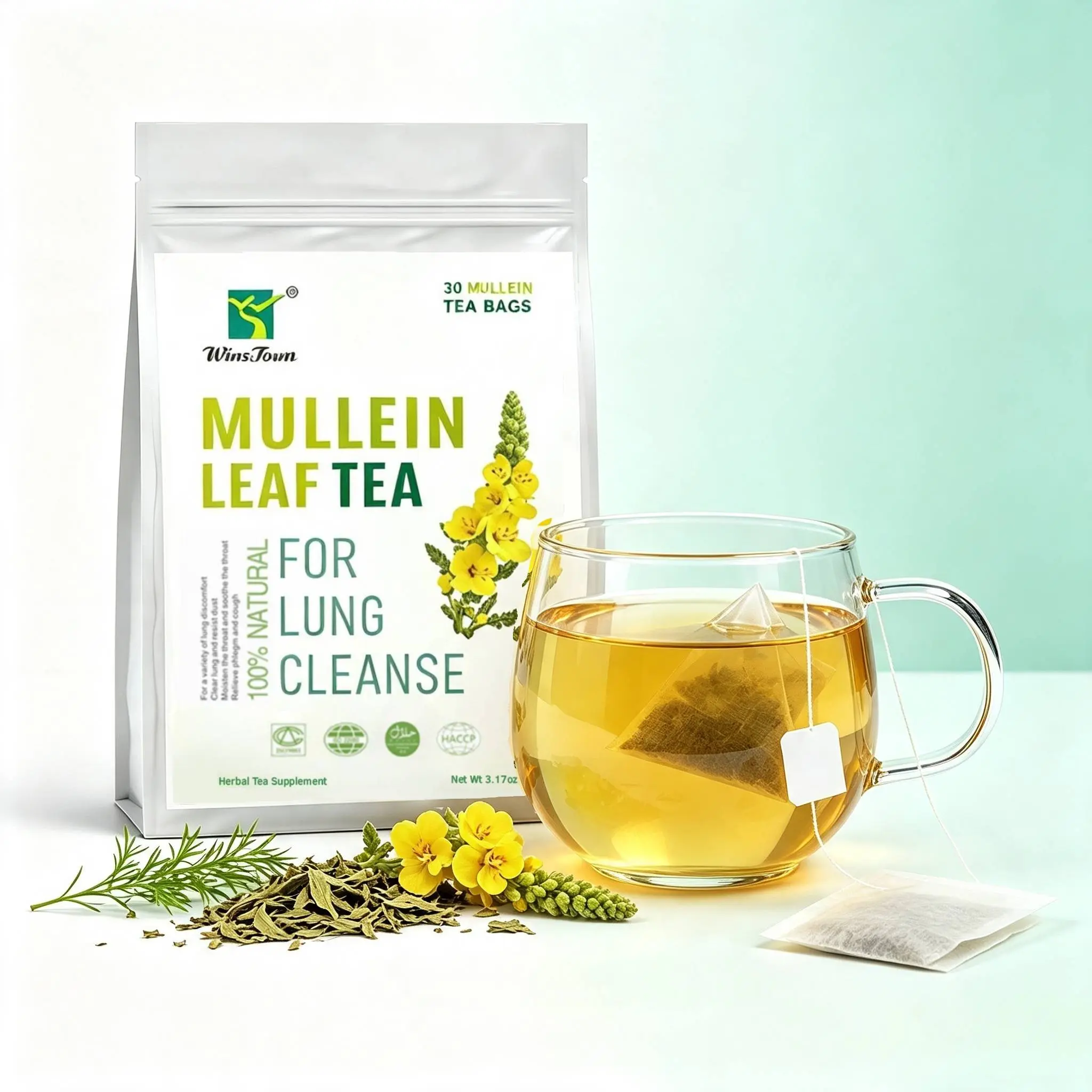 WinsTown Premium Pure Mullein Leaf Tea Bags (30 Teabag) - 100% Natural Dried Mullein Leaves, Herbal Beverage, Caffeine-Free, No Flavoring, No Additives for Simple Daily Brewing