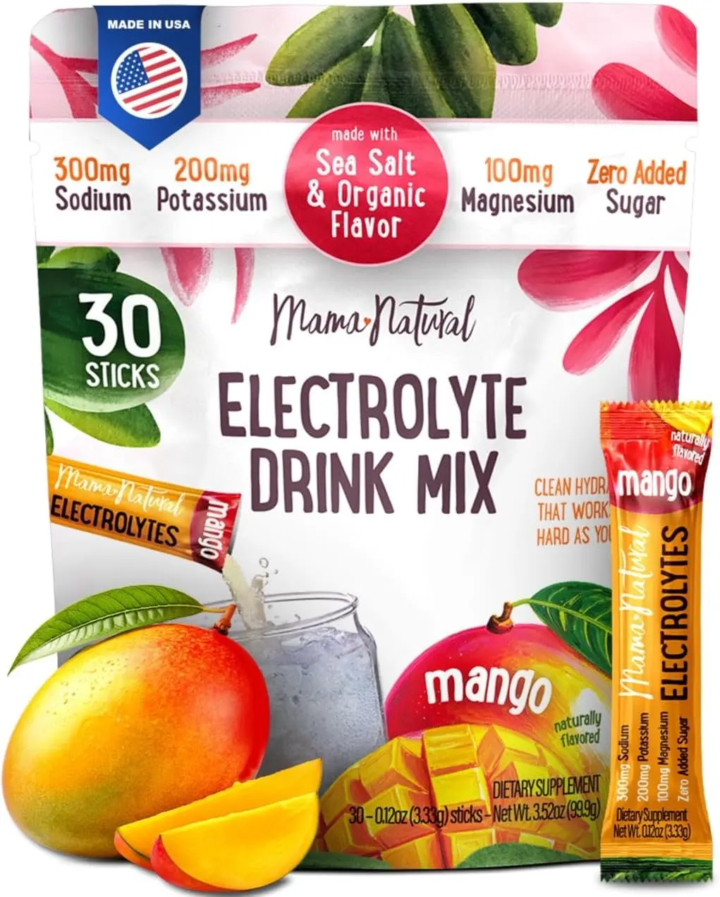 Mama Natural Electrolytes Powder Packets - Mom-Focused Selfcare Supplement with Sodium (Natural Sea Salt), Potassium, Magnesium Glycinate - Sugar-Free, Organic Mango Flavor - 30 Travel Sticks for Instant Hydration