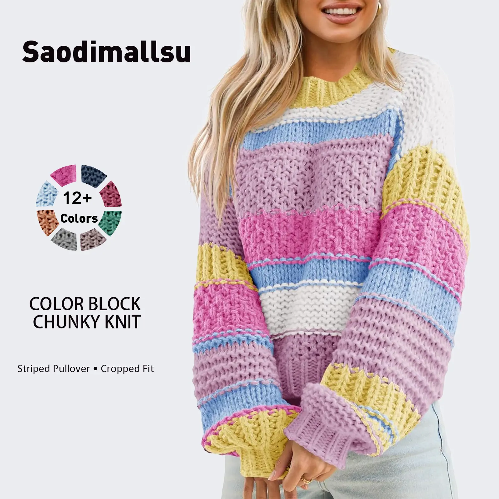 Saodimallsu Women's Rainbow Stripe Colorblock Knitwear Sweater - Chunky Acrylic Knitting, Fitted Medium Length Long-Sleeve Round Neck Drop Shoulder Casual Pullover Top for Party, Photography, Crew Neck, Casual Cute