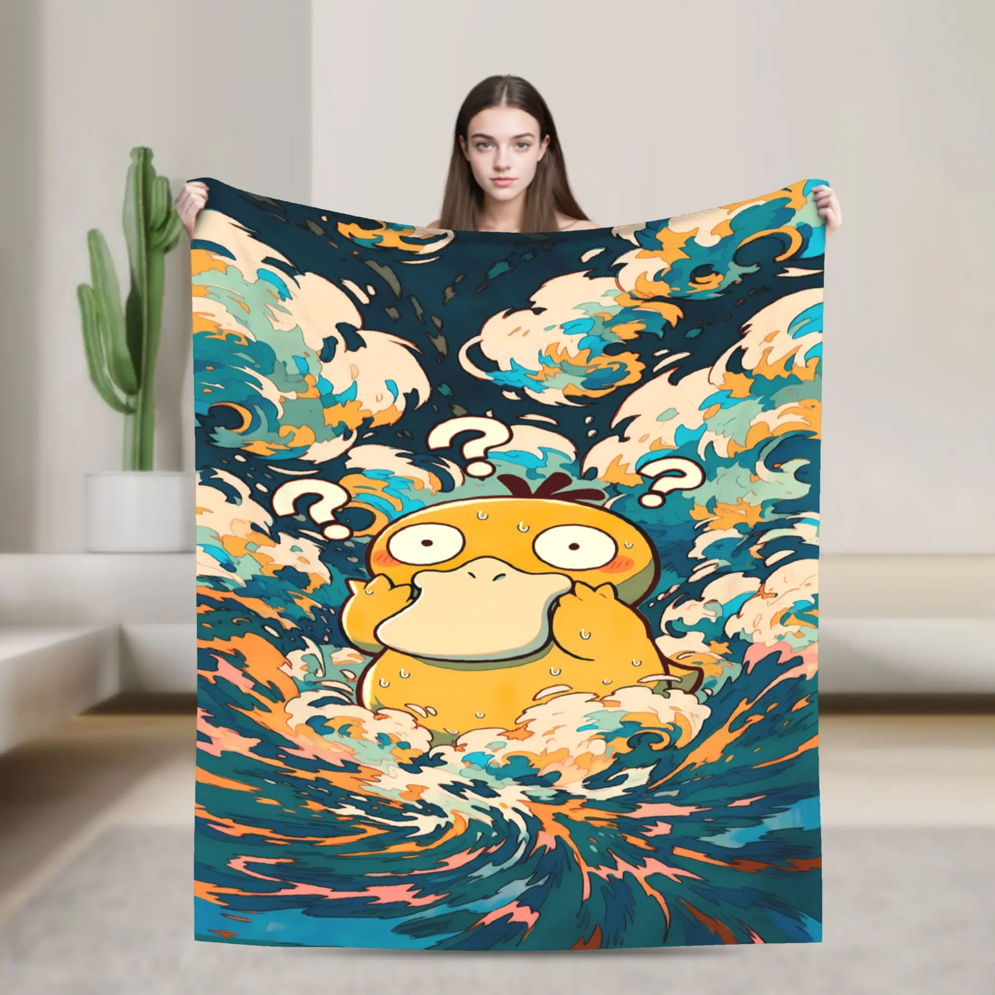 Anime Cartoon Psyduck Cotton Blend Flannel Blanket - Soft, Cozy, Warm Throw Blanket for Bedroom, Sofa, Perfect Fan Gift with Various Sizes