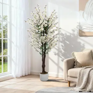 Artificial Wintersweet Tree Plant with White Planter and Lifelike White Plum Blossom, Fake Potted Flower Tree for Indoor Living Room Home Office Decor