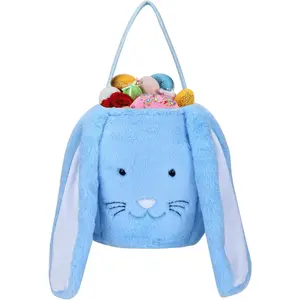 Plush Easter Bunny Basket for Kids Boys Girls Easter Buckets with Long Plush Ear Personalized Egg Hunting Bags Bunny Kids Easter Tote Bags for Easter Decorations Candy