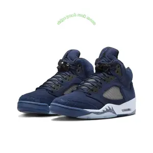 Midnight Blue Distressed Suede High-Top Retro Basketball Shoes with Grey Mesh and Translucent Icy Blue Outsole
