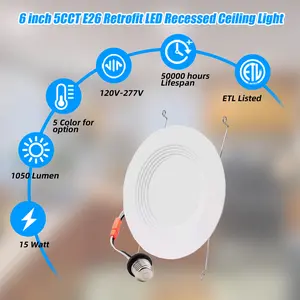 SEURON 6-In E26 Color Changing Fitted Recessed LED Ceiling Lights - 5CCT Retrofit Smooth Trim, 15W 120V Dimmable Easy-Install Indoor Lights for Living Room, Kitchen, Energy-Saving Home Improvement Lighting