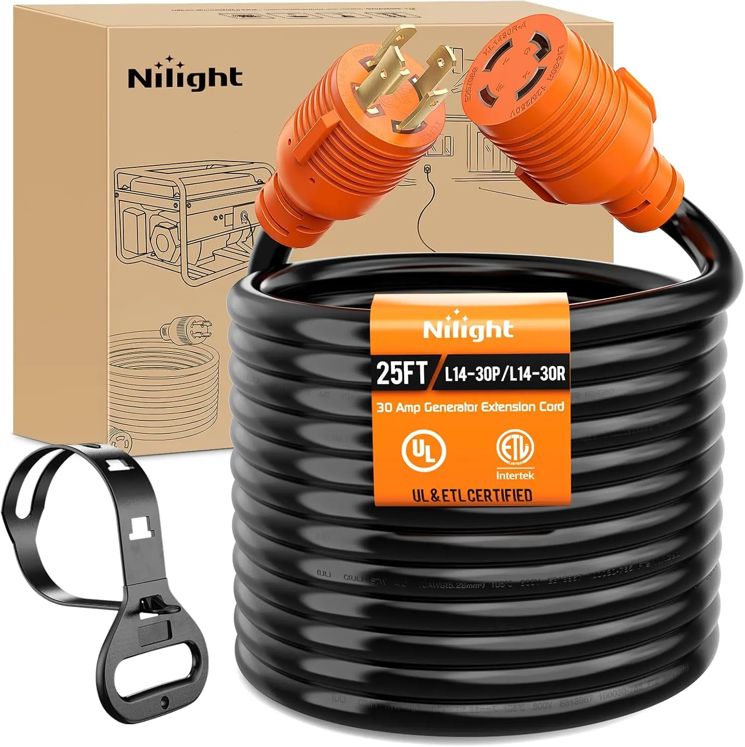 Nilight 30A 25FT 10 Gauge Generator Extension Cord - 125/250V 7500W Heavy-Duty Pure Copper High-Conductivity Cable, ETL Listed 4-Prong L14-30P/L14-30R STW for Outdoor Emergency Power, Tailgating, Camping