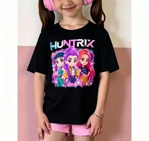 Casual girls' crew neck short sleeve T-shirt, printed with DEMON HUNTER K-POP DEMON HUNTRIXX purple star cartoon graphics, loose fit design, yellow color, suitable for spring, summer and daily casual wear.