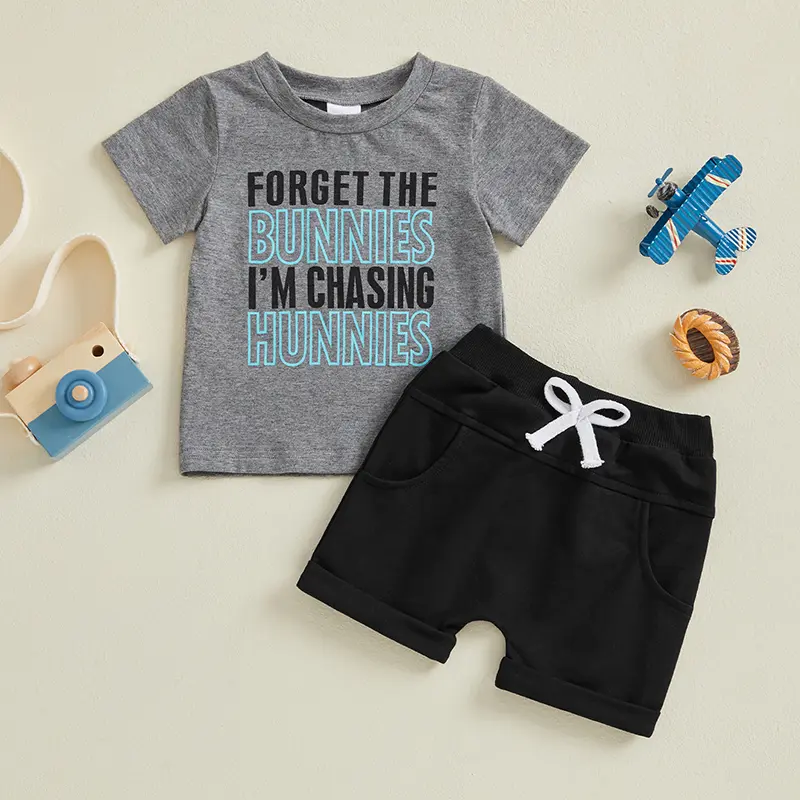Toddler Boys 2-Piece Easter Shorts Set, Casual Cotton Blend Outfit with Short Sleeve Graphic Tee for Summer Playwear, Bottoms, Letter Pattern Adds Charm, Clothes