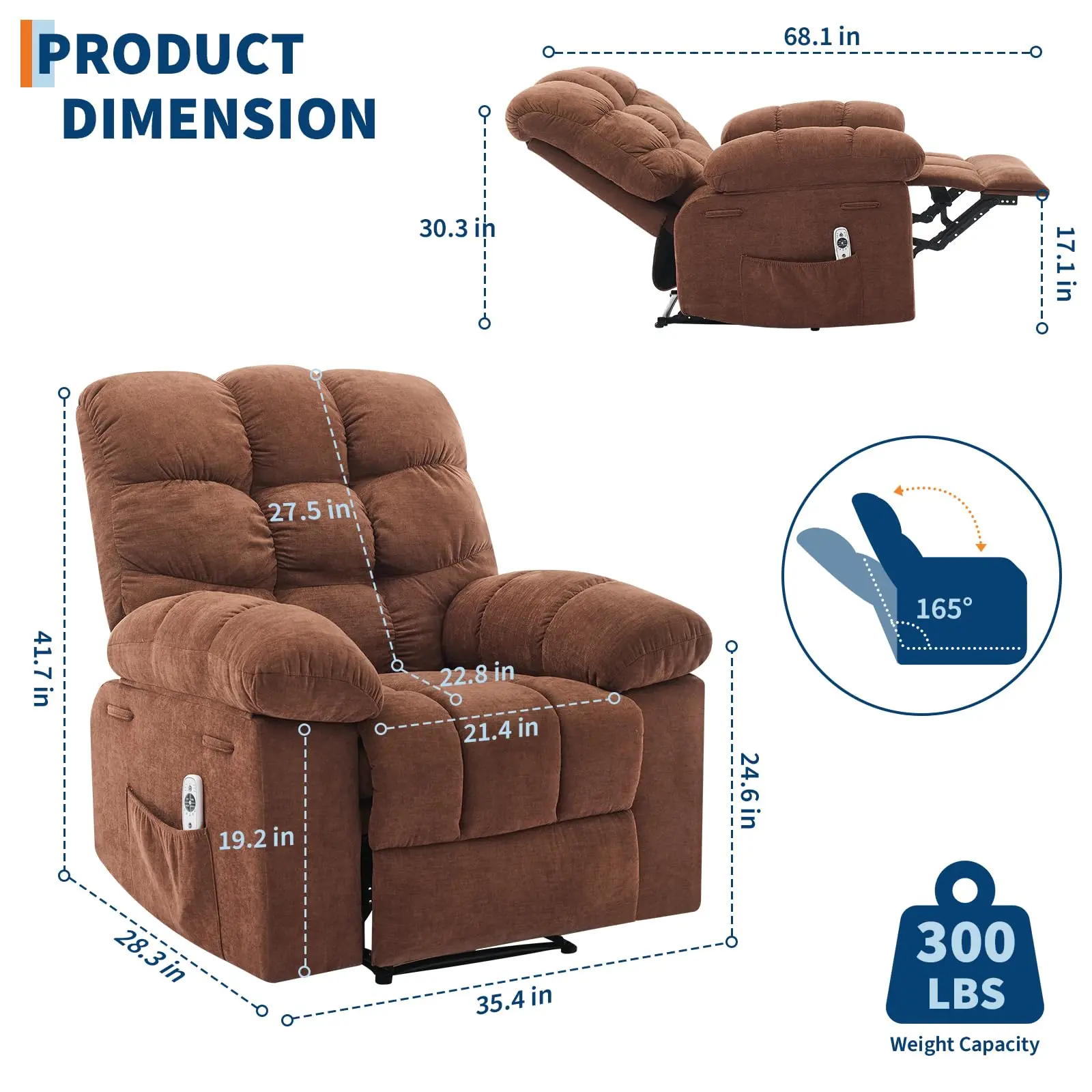 Dark Brown Adjustable Reclining Ergonomic Wide Glider Upholstered Lounge Chair - Sturdy Iron Frame, Massage & Heat Functions, Breathable Overstuffed Upholstery, 2 Side Pockets, Remote Control, Easy Setup, for Living Room, Bedroom, Soft