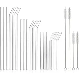 [22 Pcs]  Glass Straws Shatter Resistant - Size 12"x8mm,9"x8mm,6"x8mm Including 9 Straight and 9 Bent Clear Glass Straws with 4 Cleaning Brush for 20 30 40 oz Tumblers,,Coffee,Juice