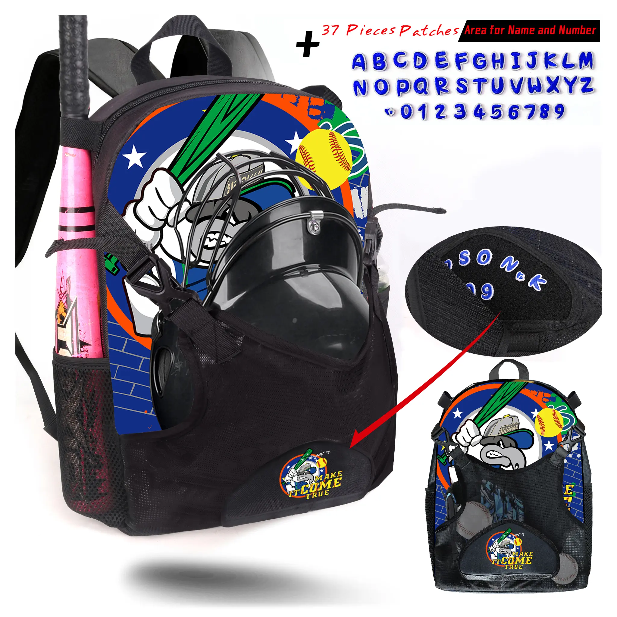 Youth Polyester Baseball Backpack with Baseball-Themed Cartoon Print, Compact & Customizable Sport Gear Bag with Mesh Pocket for T-Ball Practice, Spacious Tournament Gear Storage Back To School, Patch Panel