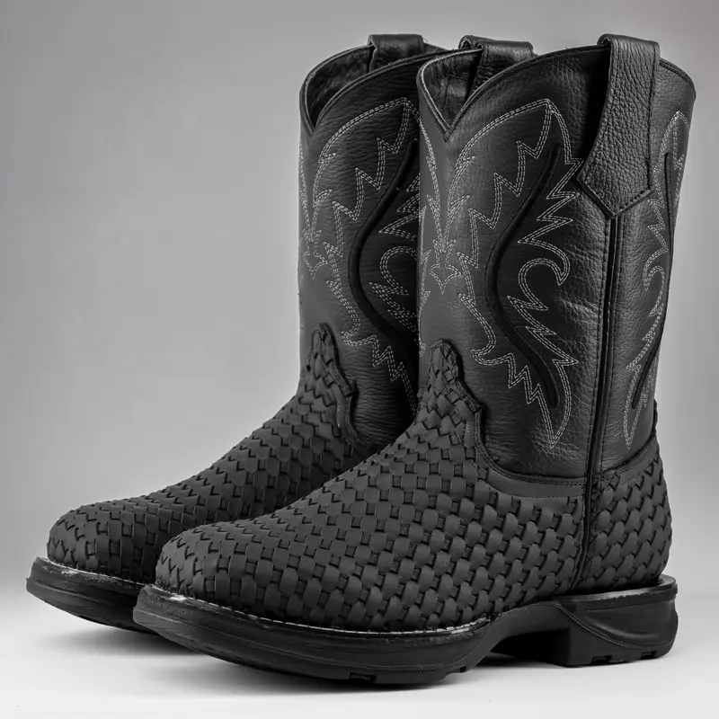 Black Basketweave Leather Boots With 3D Lightweight Sole - Square Toe