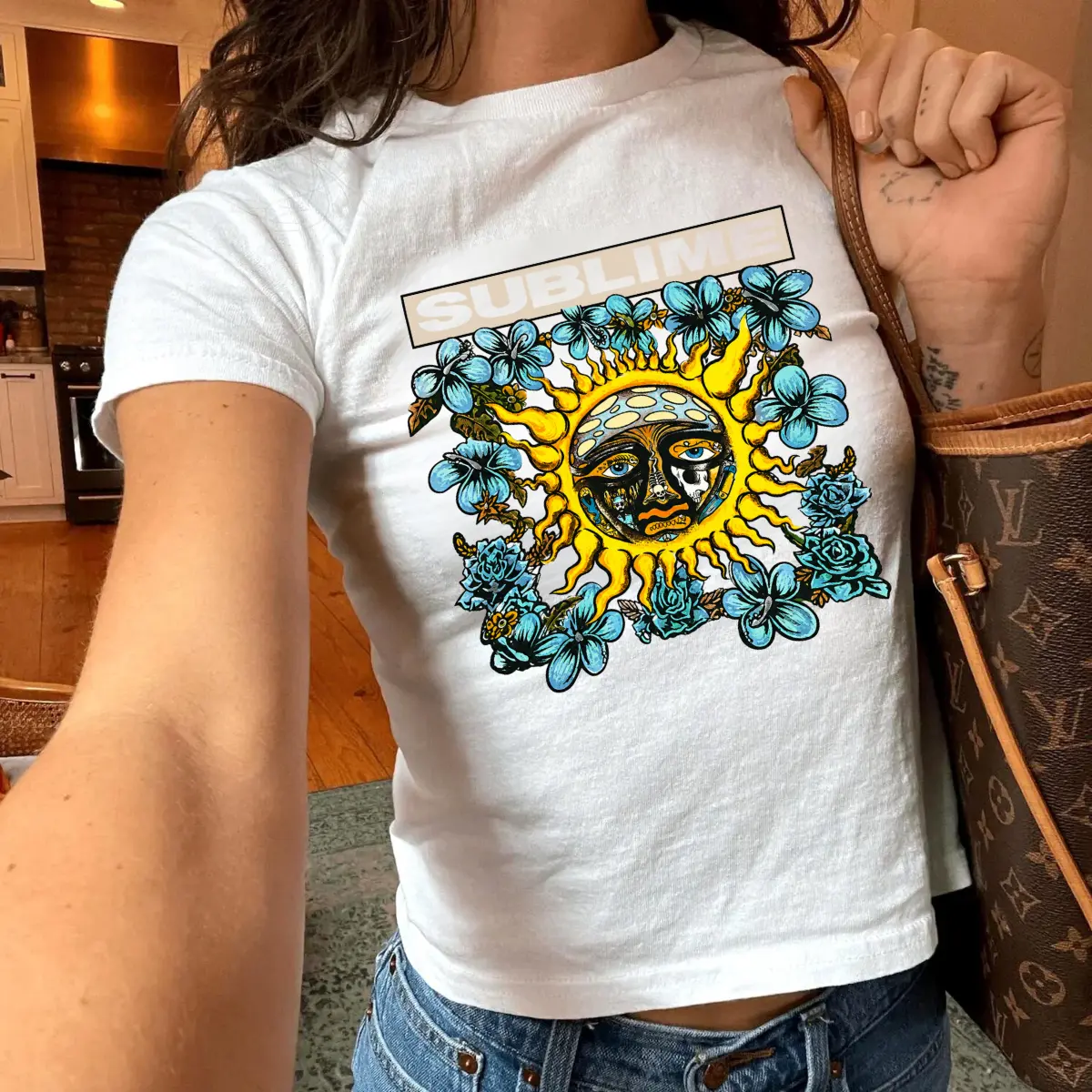 Sublime Sun Freedom Baby Tee for Women, Retro Sun Graphic T-Shirt, Y2K Aesthetic Crew Neck Tee, Soft Breathable Cotton Blend Short Sleeve Top, Casual Summer Streetwear, Vintage Graphic Shirt, Lightweight Everyday Fashion Tee