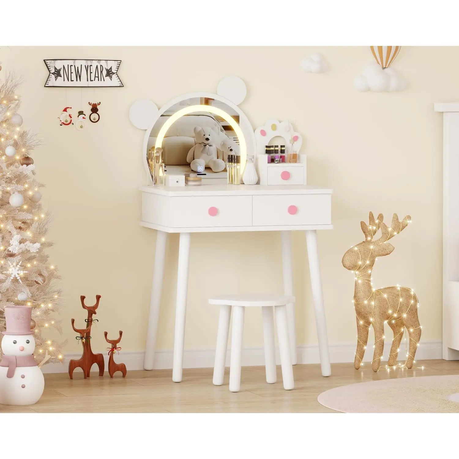 Princess Dressing Table Set for Kids with Bear Mirror and Lights, Stool, Drawers - Wooden Makeup Table for Bedroom and Pretend Play, White