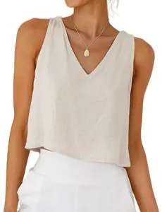 IDEALSANXUN Womens V Neck Cropped Linen Tank Tops Spring Summer Sleeveless Shirts Beach Outfits Clothes Cute Summer Tops Trendy Vest Spring Summer Sleeveless Y2K Off-Shoulder Square Neck Ruched Wide Strap Flowy Blouse Casual Chic Loose Fit