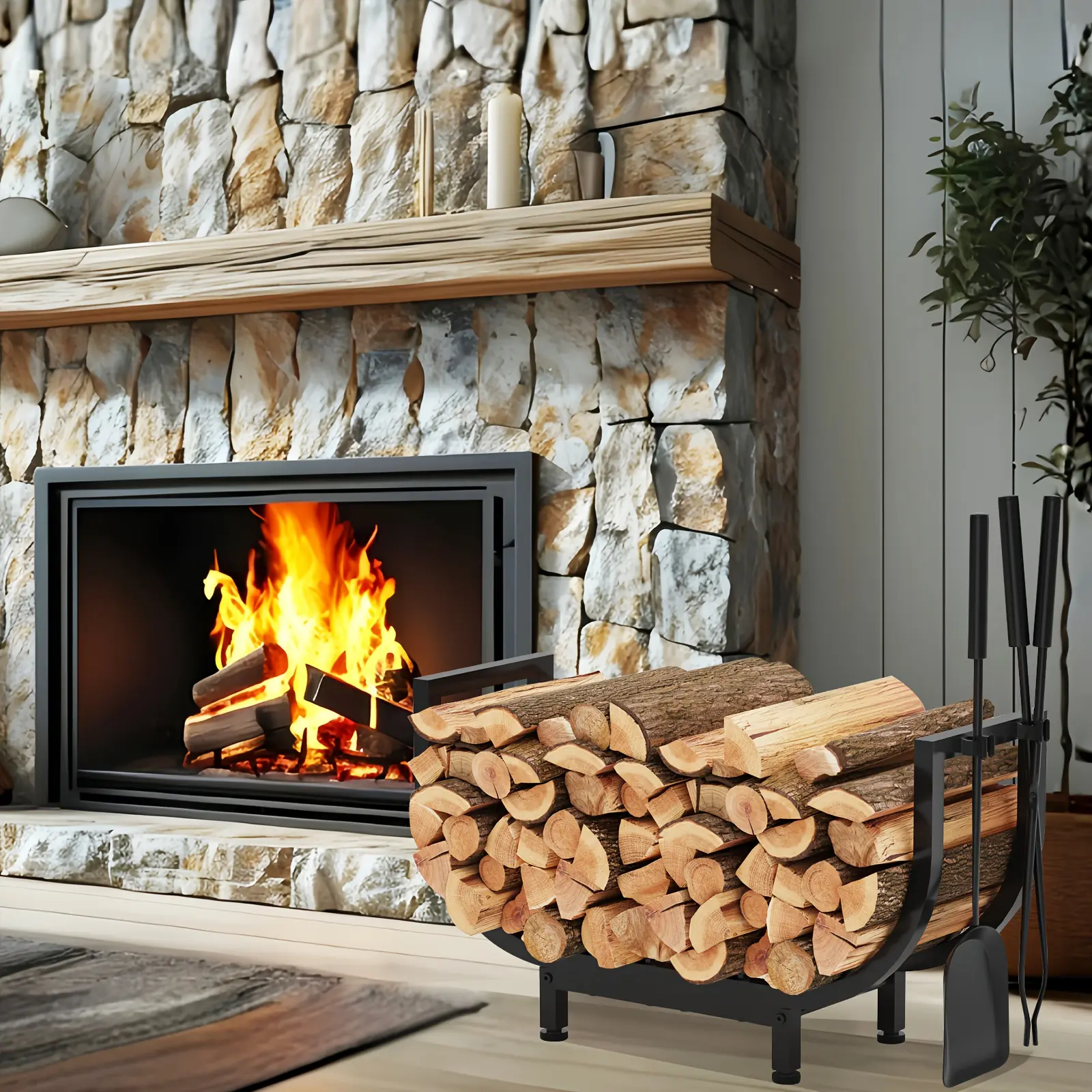 Polished Metal Firewood Rack 1PC, Heavy Duty Log Holder, Space-Efficient, Easy Assembly, Multipurpose Wood Storage for Indoor Fireplace, Outdoor Patio & Stove