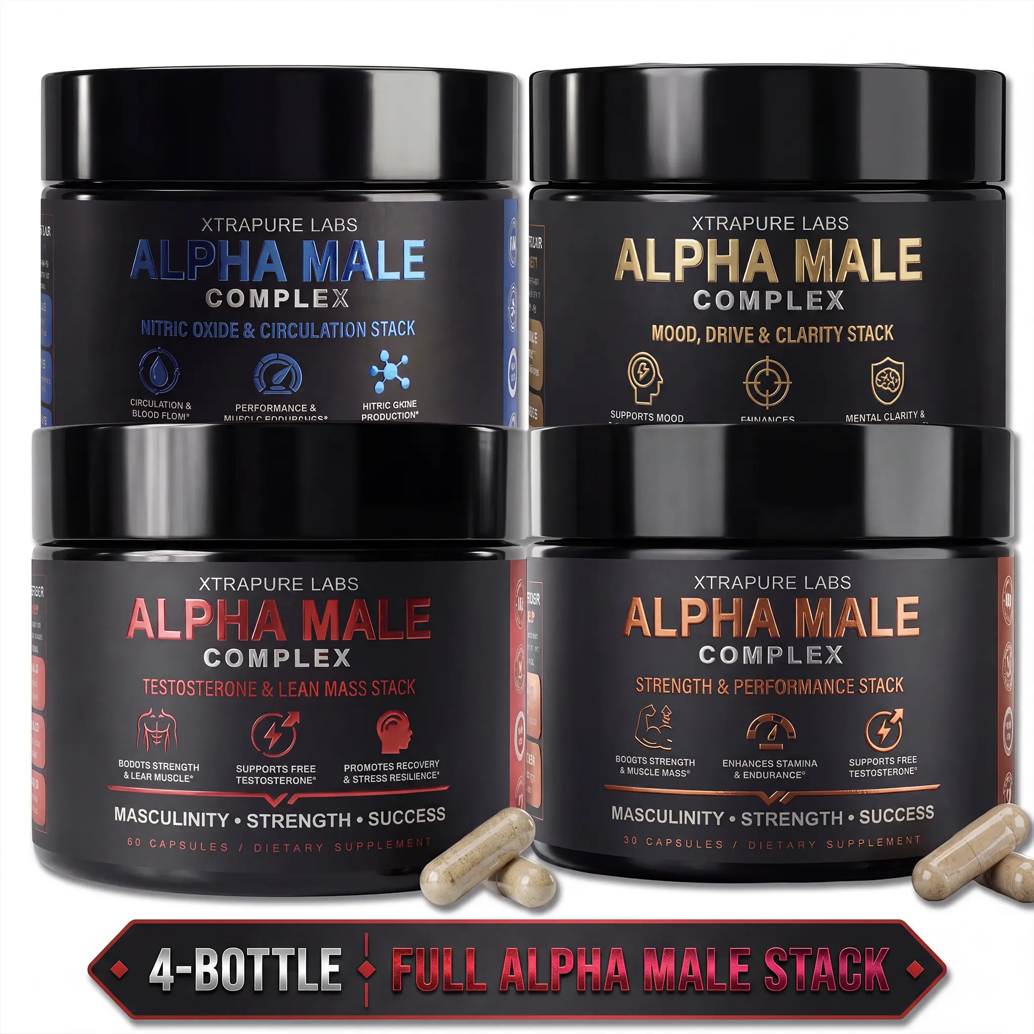 Alpha Male Complex 4-Stack Ultimate Bundle | Testosterone & Lean Mass + Strength & Performance + Mood, Drive & Clarity + Nitric Oxide & Circulation | Complete Daily Men’s Performance System