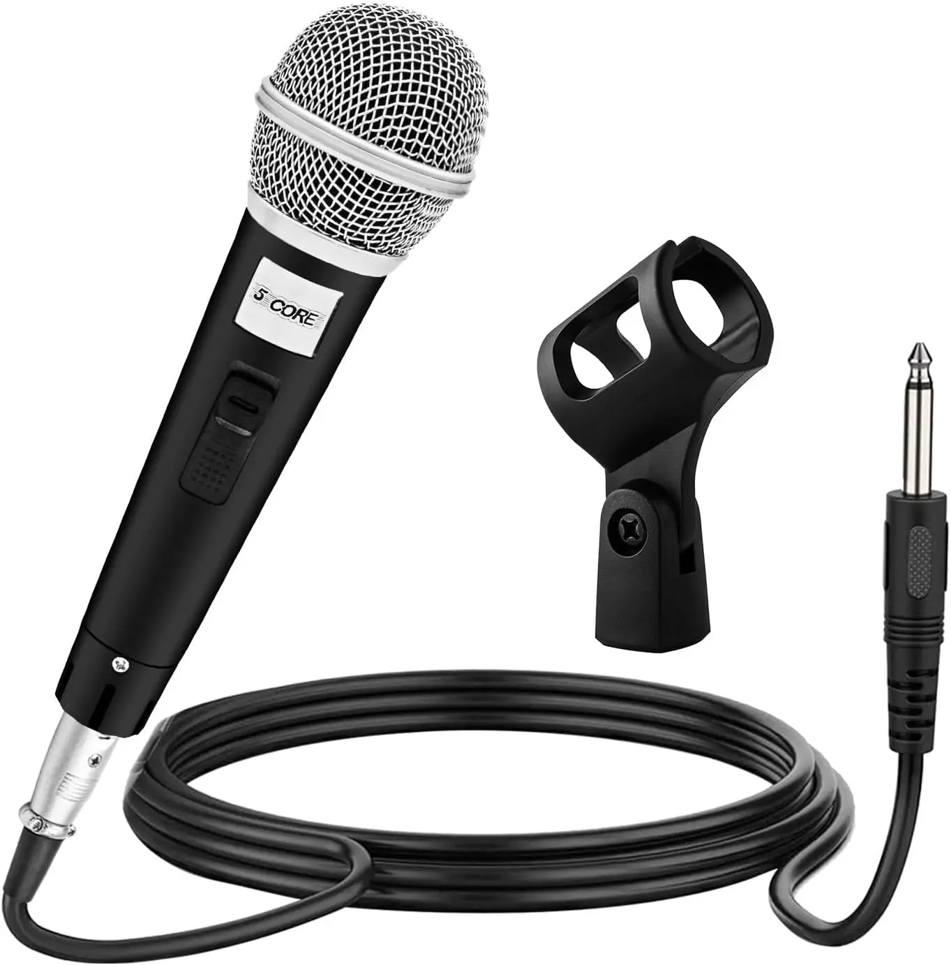 5 CORE Corded Wired Dynamic Vocal Handheld Microphone - Cardioid Unidirectional, On-Off Switch, XLR Plug Cable, Parent Plastic Body, for Singing Karaoke Setup (Matte Black & Silver, 1 Piece)