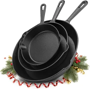 [Christmas Limited Deal] Pre-Seasoned Cast Iron Skillet Set 3-Piece - Frying Pan 6 Inch, 8 Inch and 10 Inch Cast Iron Set (Black) Cookware Handles