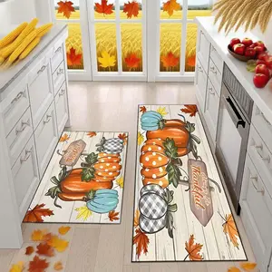 1 kitchen rug, Farmhouse kitchen rug, autumn watercolor pumpkin Thanksgiving kitchen mat set, kitchen floor mat set of 2, washable kitchen floor mat, autumn harvest festival gift, multifunctional and suitable for kitchen area, living room, bedroom