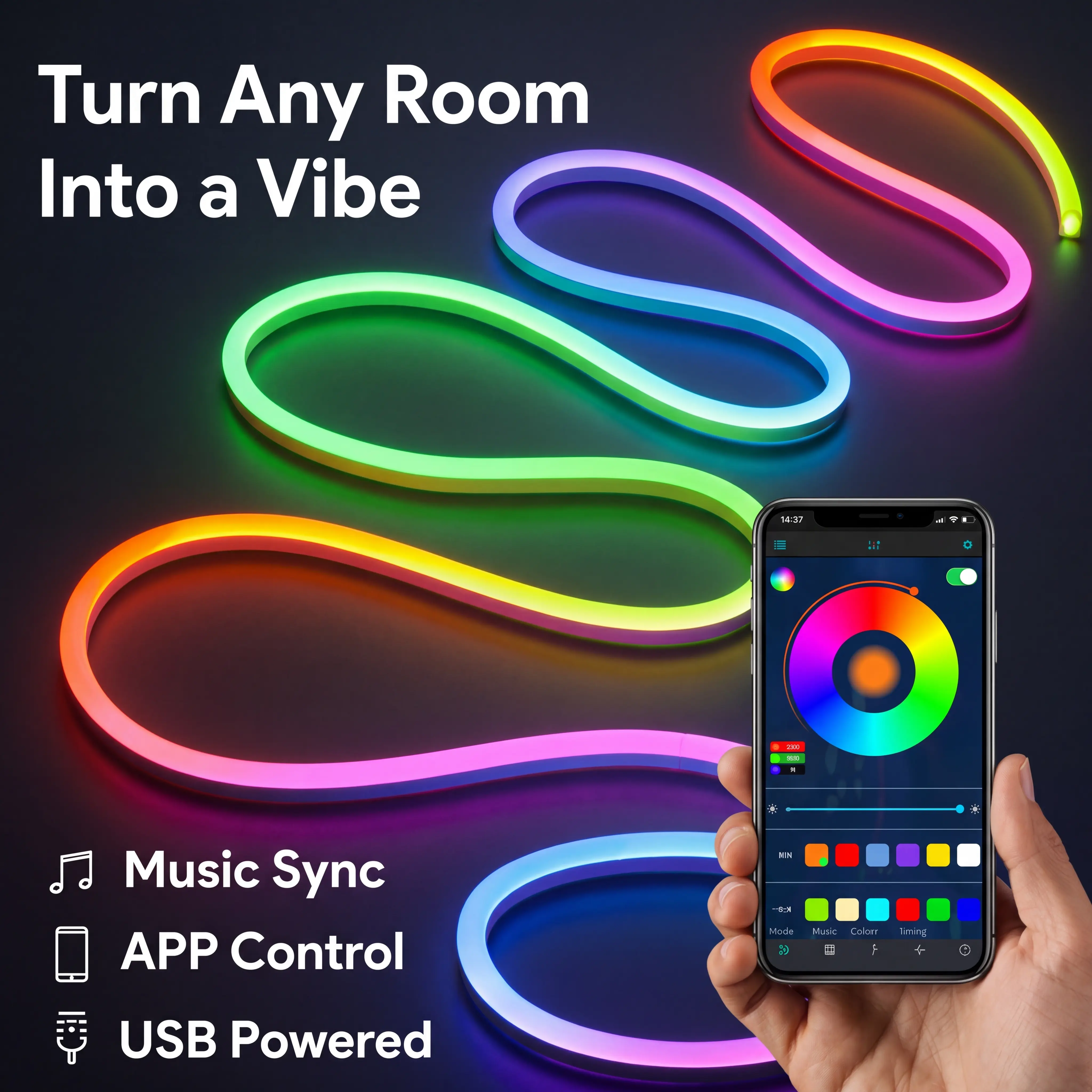 5M/10M RGBIC Smart Neon LED Light Strip, Bluetooth APP & Remote Controlled Color Changing Mood Lights with Music Sync, Self-Adhesive USB Powered LED Strip Lights for Bedroom, Gaming Room & Party Decor