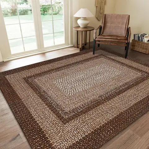 【GARVEE】8x10 Washable Braided Print Area Rug – Non Slip Farmhouse Boho Carpet for Living Room, Bedroom, or Dining Area – Modern Geometric Rustic Floor Mat with Bohemian Border in Brown