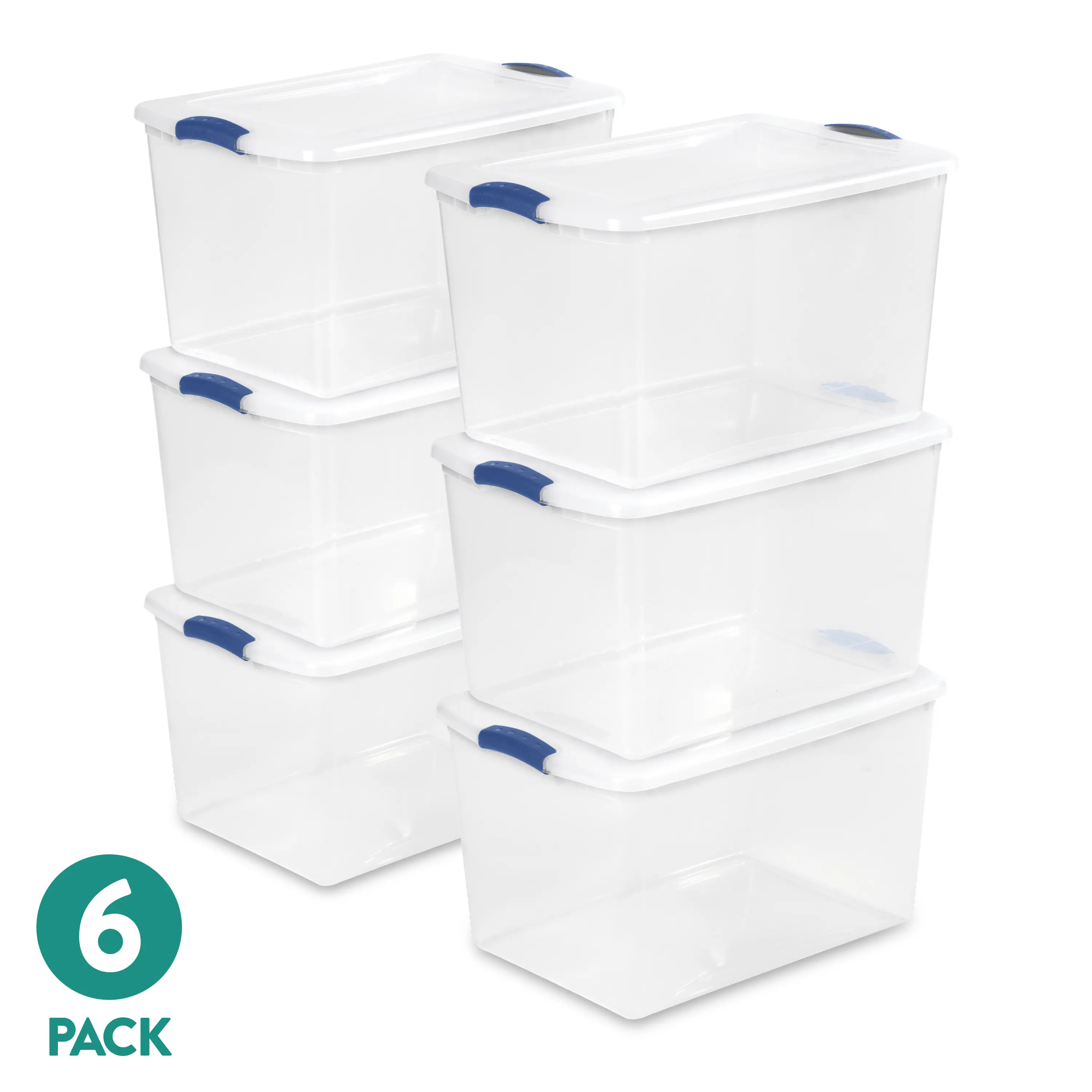 Sterilite Large Latching Storage Bin, 66 Quart Clear Plastic Storage Container with Clear Lid, Blue Latch, 6 Pack