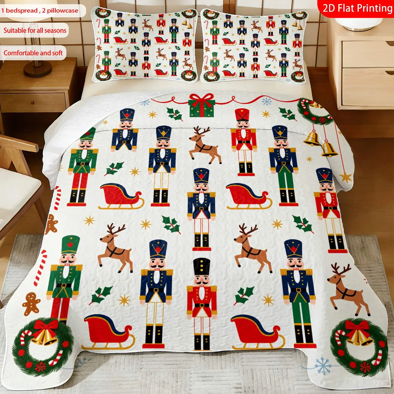 3pcs, 2D flat print Nutcracker & Reindeer bed cover set, Christmas theme, multiple sizes available, bedding set, festive decorative bedding, ideal for bedroom décor(1 bedspread , 2 pillowcase)