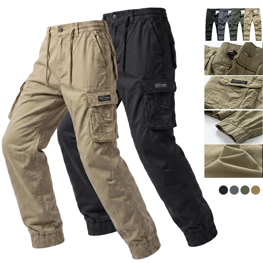 Men's Pure Cotton Military-Style Tactical Jogger Pants - Half Elastic Waistband, Multi-Pocket, Workwear Style, Normal Fit, Comfortable, Non-Tight, Durable, Machine Washable, Suitable for Daily Wear, Commuting, 1Pcs (Military Green, Black), Normal Type, So