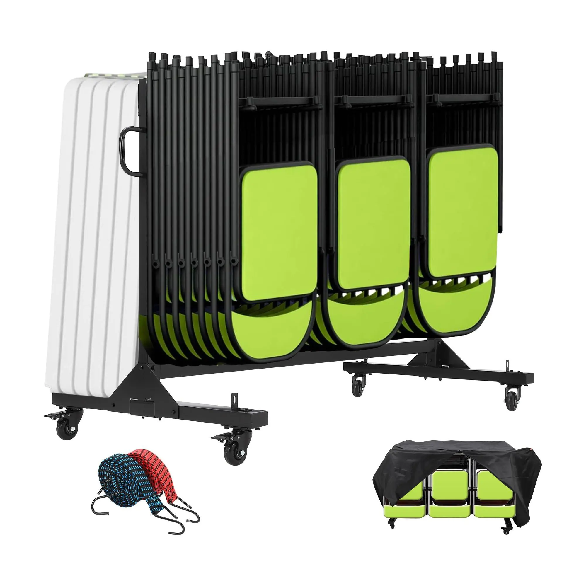 Folding Chair Rack, Folding Table and Chair Cart with Cover, Multi-Function Chair Storage Dolly with PVC Lock Wheels, 400 LBS Capacity for 42 Chair, Heavy Duty Metal Chair Rack, Black