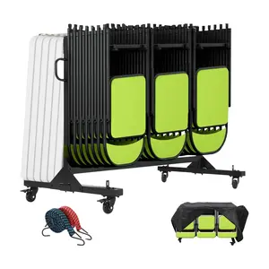 Folding Chair Rack, Folding Table and Chair Cart with Cover, Multi-Function Chair Storage Dolly with PVC Lock Wheels, 400 LBS Capacity for 42 Chair, Heavy Duty Metal Chair Rack, Black