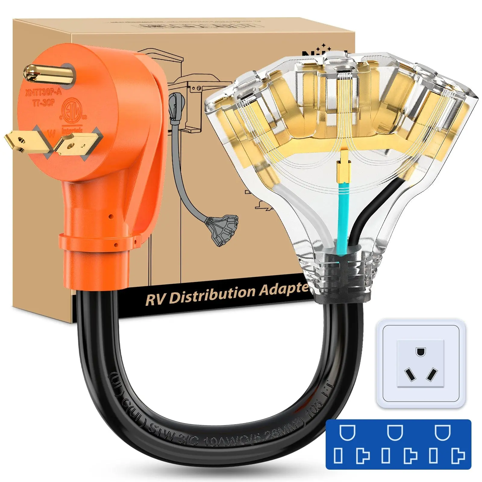 Niligt 30 Amp to (3) 15/20 Amp TT-30P Male Plug to 5-15R/5-20R Female Receptacle